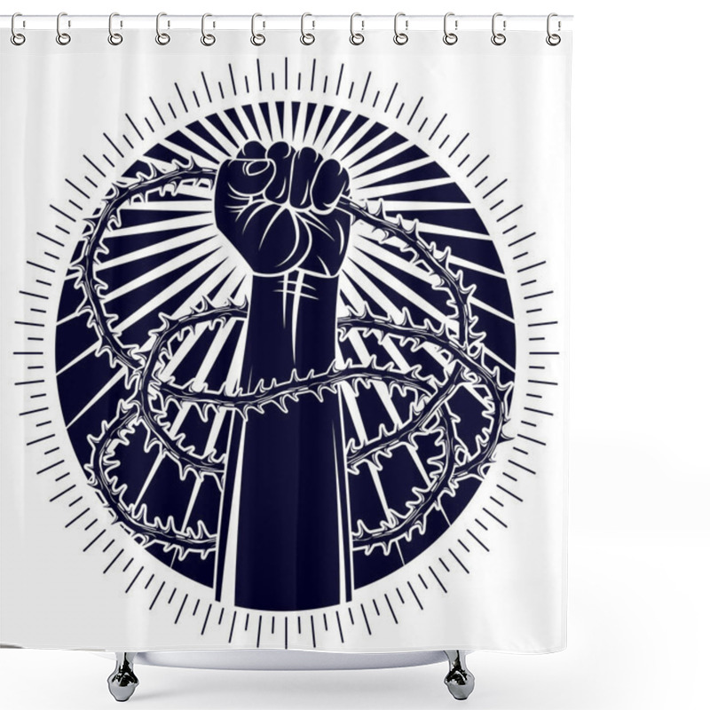 Personality  Strong Hand Clenched Fist Fighting For Freedom Against Blackthor Shower Curtains