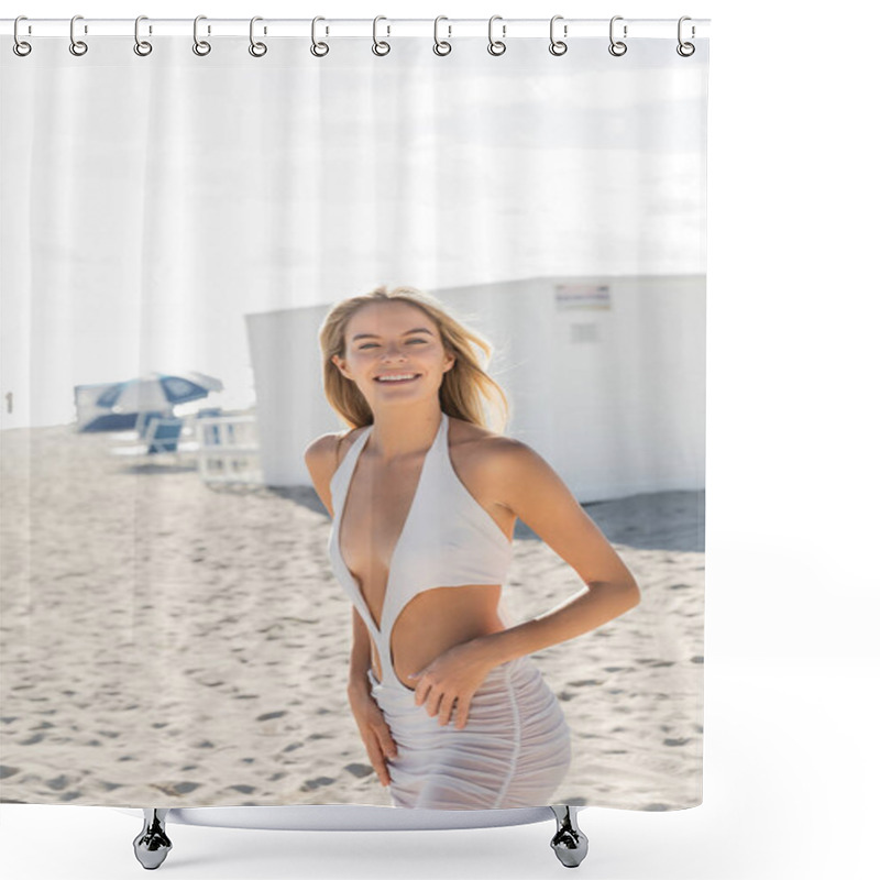 Personality  A Young And Beautiful Blonde Woman Standing On Top Of A Sandy Beach In Miami, Overlooking The Vast Ocean With A Sense Of Freedom And Serenity. Shower Curtains