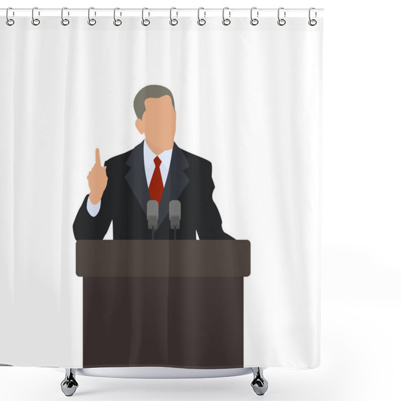 Personality  Man On The Podium Politician Points Finger Up.  The Gesture Of Attention. Male Speaker. Vector Shower Curtains