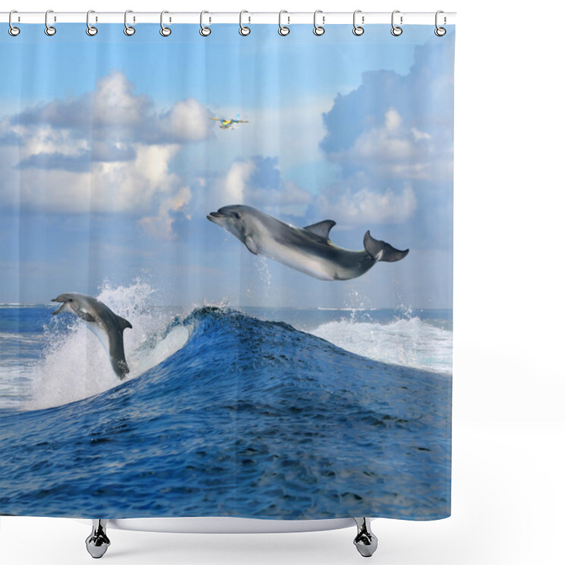 Personality  Oceanview And Two Dolphins Leaping Out From Curly Wave Shower Curtains