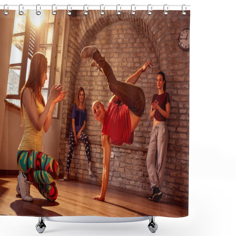 Personality  Smiling Young Stylish Male Break Dancer Performing Moves Shower Curtains