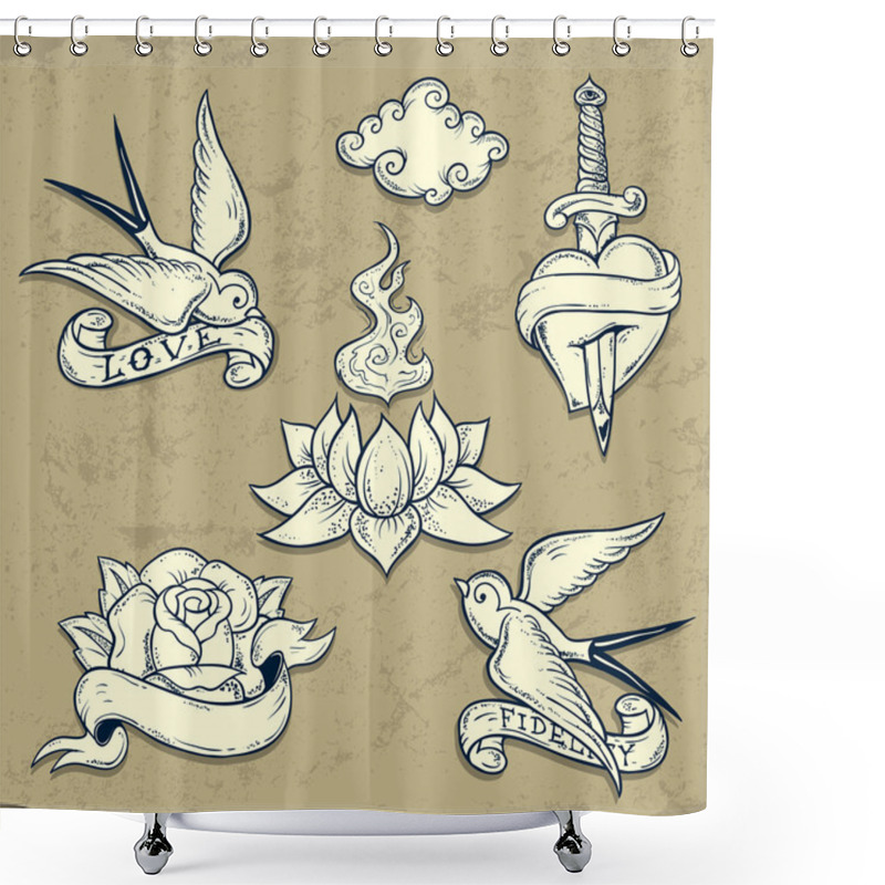 Personality  Set Of Old School Tattoo Elements With Skulls Shower Curtains