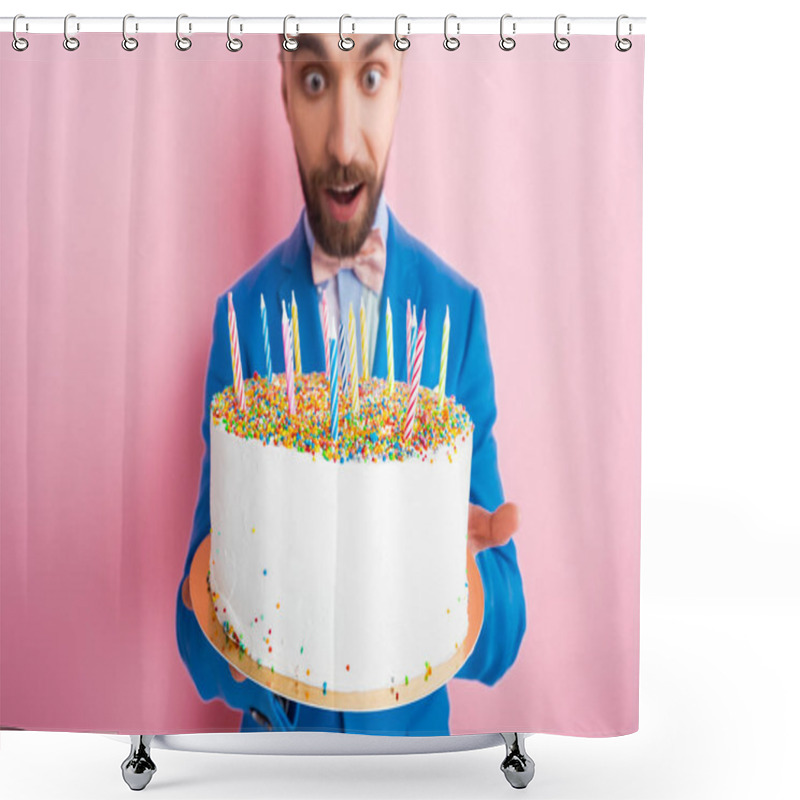 Personality  Selective Focus Candles On Tasty Birthday Cake In Hands Of Man In Suit On Pink  Shower Curtains