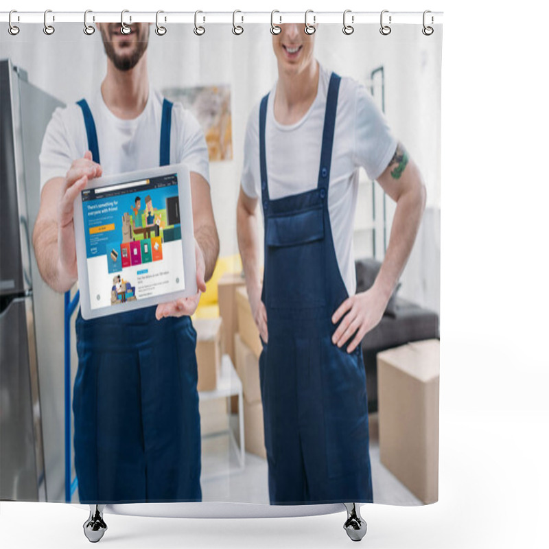 Personality  Cropped View Of Two Movers Presenting Digital Tablet With Amazon App On Screen In Apartment Shower Curtains