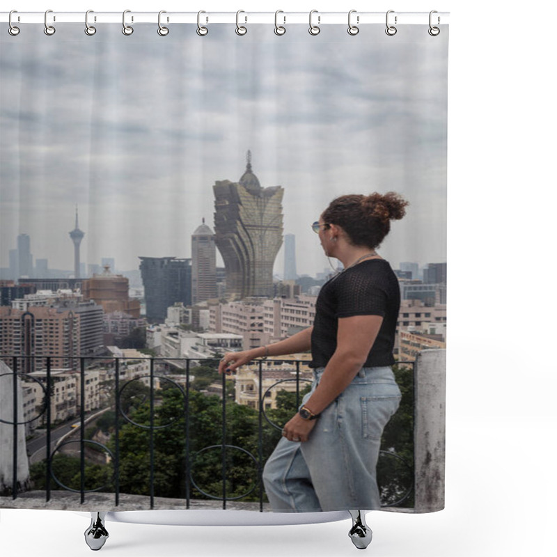 Personality  Male Tourist With Sunglasses And Bun Head In Macao Shower Curtains