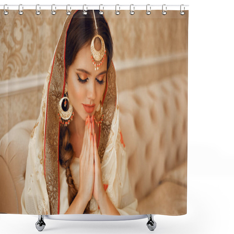 Personality  Portrait Of Beautiful Indian Girl In Traditional Saree In Luxury Interior. Young Hindu Woman Model With Kundan Golden Jewelry Set. Indian Costume Lehenga Choli.  Shower Curtains