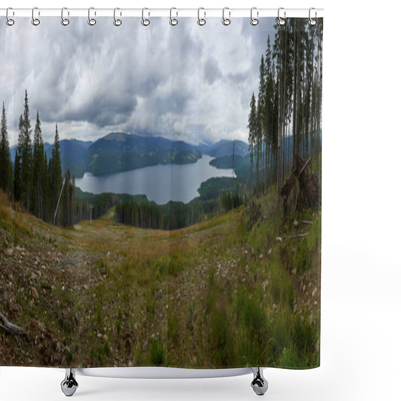 Personality  Landscape With A Lake In The Distance Between Mountains Shower Curtains