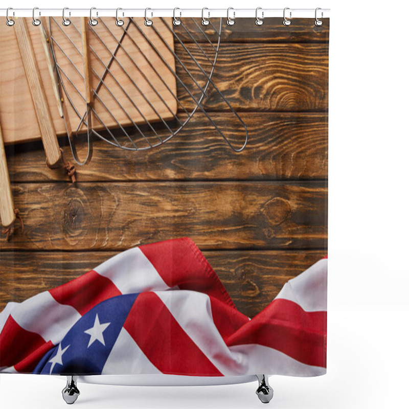 Personality  Top View Of American Flag And Bbq Equipment On Wooden Rustic Table With Copy Space Shower Curtains