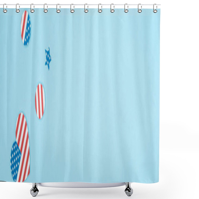 Personality  Panoramic Shot Of Heart, Star And Circles Made Of Stars And Stripes On Blue Background With Copy Space Shower Curtains