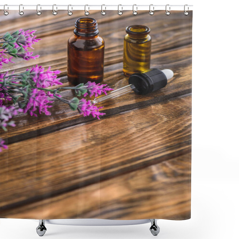 Personality  Heather Flower, Bottles With Essential Oil And Dropper On Wooden Surface Shower Curtains