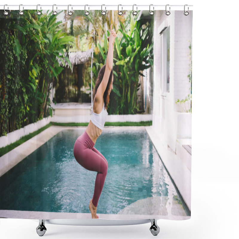 Personality  Side View Of Caucasian Girl Practicing Yoga In Chair Pose Outdoor. Concept Of Healthy Lifestyle. Young Woman Wearing Sportswear Standing Barefoot Between Grass And Swimming Pool In Yard On Bali Island Shower Curtains