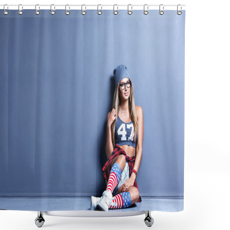 Personality  Stylish Young Girl Leaned On The Wall Shower Curtains