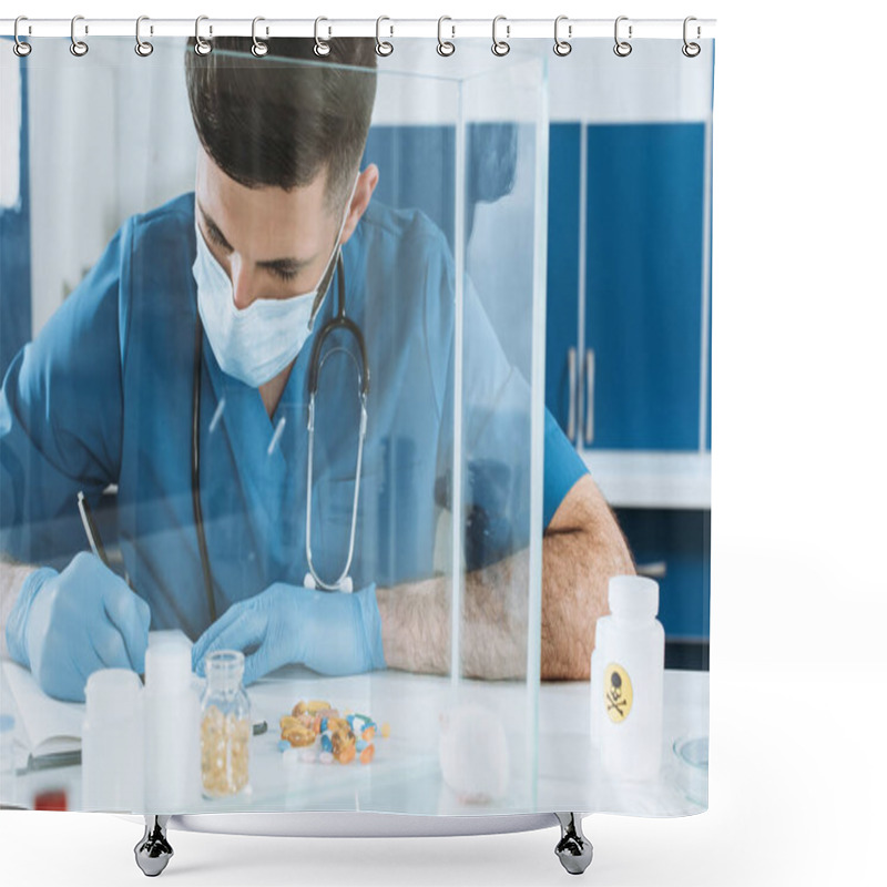 Personality  Young Veterinarian In Medical Mask And Lates Gloves Writing Near Containers With Medicines And White Mouse In Glass Box Shower Curtains