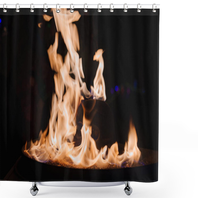 Personality  Flames Dance Around A Skull Shaped Object In A Fire Pit, Set Against A Dark Background, Highlighting The Artistic Installation At A Desert Festival. Shower Curtains