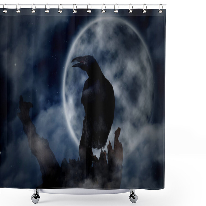 Personality  Creepy Black Crow Croaking On Old Tree Under Full Moon At Night Shower Curtains