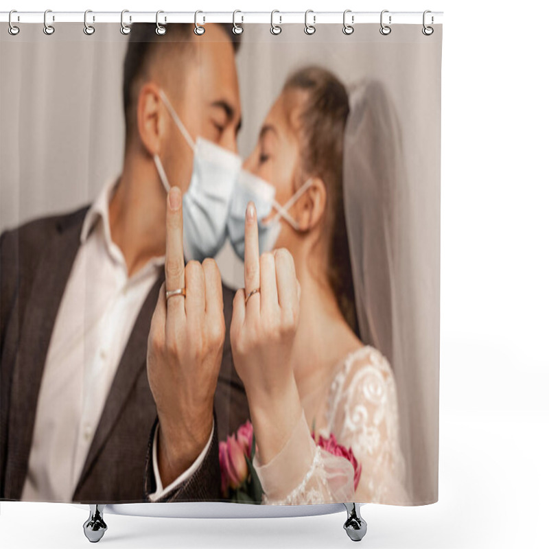 Personality  Blurred Newlyweds In Protective Masks Kissing While Showing Wedding Rings Isolated On Grey Shower Curtains