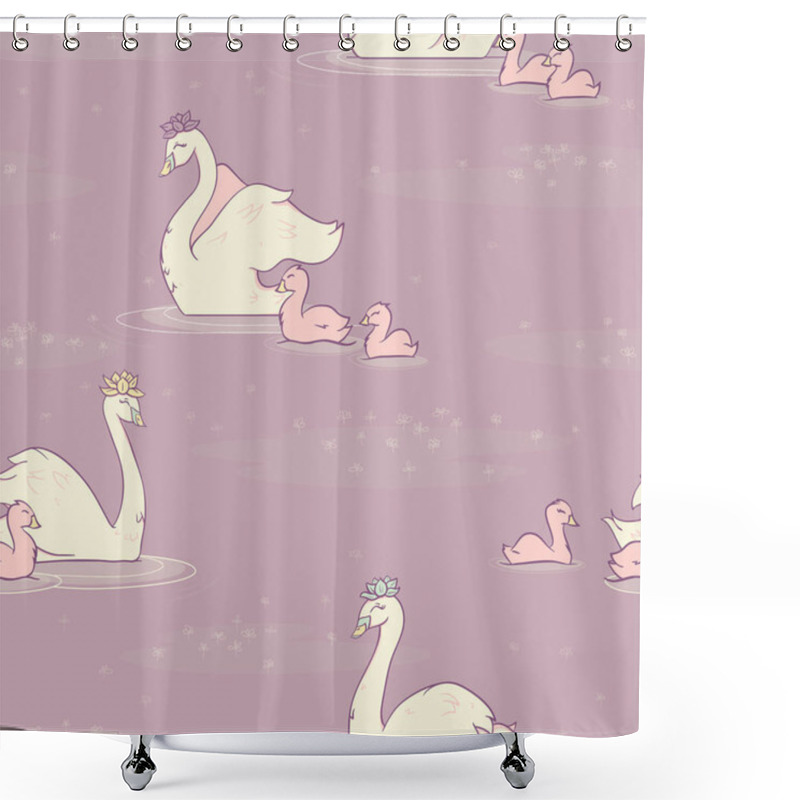 Personality  Vector Swan Pond With Lemna On Lilac Seamless Pattern Background. Shower Curtains