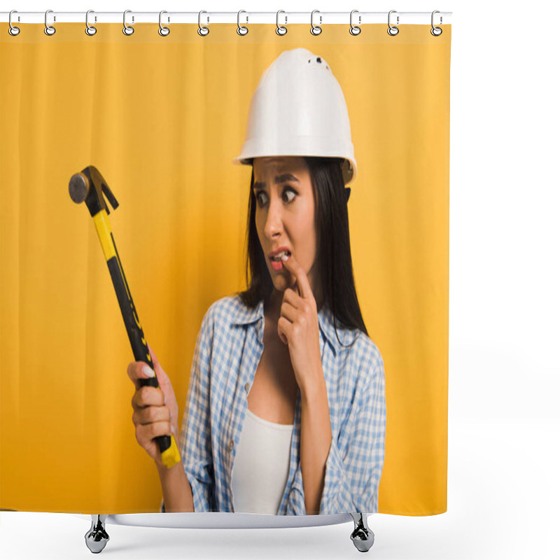 Personality  Frightened Female Manual Worker In Helmet Holding Hammer On Yellow  Shower Curtains