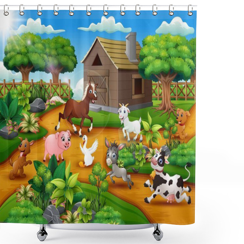 Personality  Happy Farm Animal Playing Outside The Cage Shower Curtains