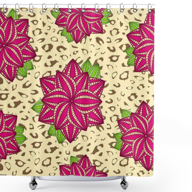 Personality  Pink Rose Flower Leopard Seamless Pattern Shower Curtains