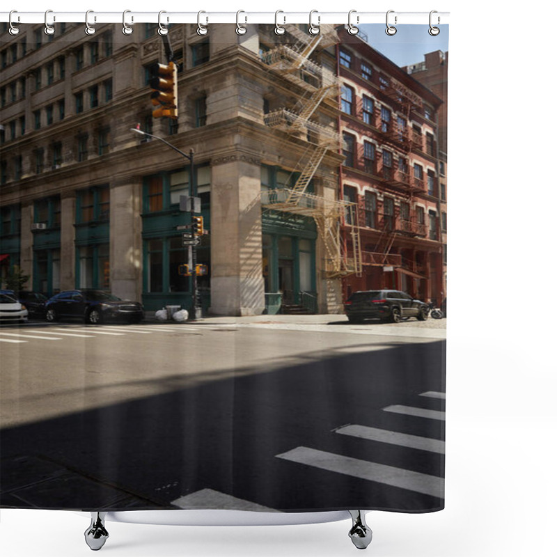 Personality  Corner Building With Fire Escape Stairs And Cars On Crossroad On Downtown Street Of New York City Shower Curtains