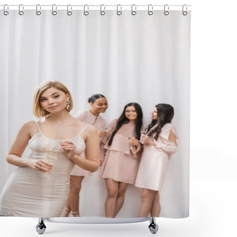 Personality  Beautiful Bride In Wedding Dress Holding Glass Of Champagne, Standing Near Blurred Interracial Bridesmaids On Grey Background, Happiness, Special Occasion, Blonde And Brunette Women  Shower Curtains