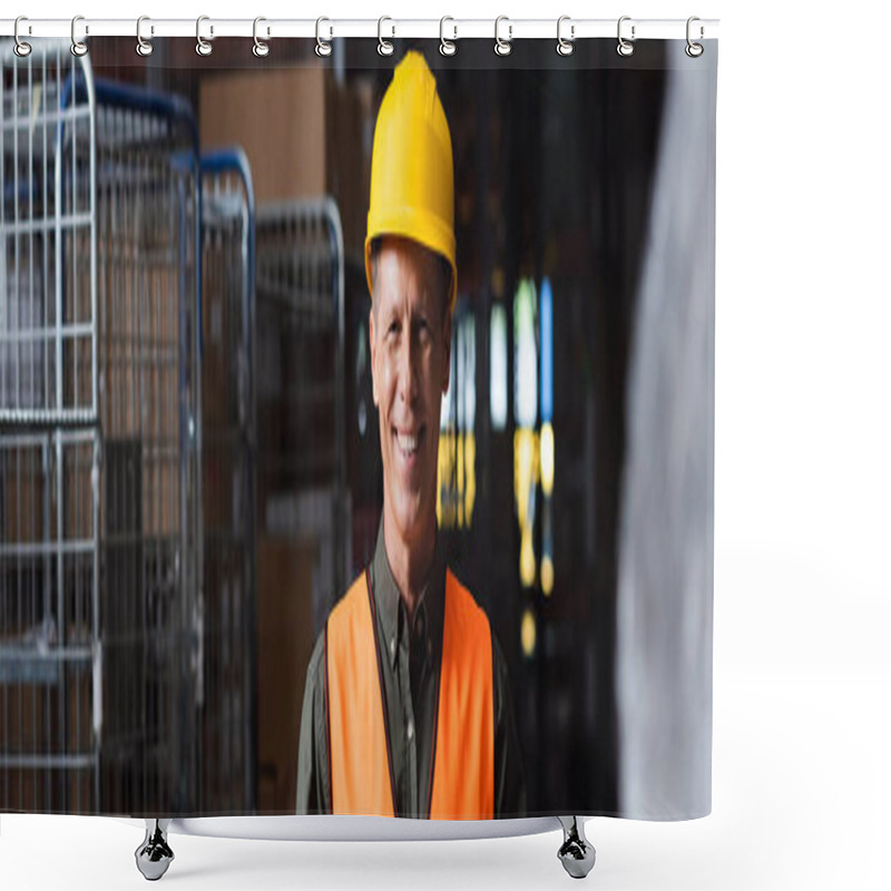 Personality  Happy Middle Aged Supervisor In Hard Hat Reviewing Paperwork In Warehouse, Logistics Banner Shower Curtains