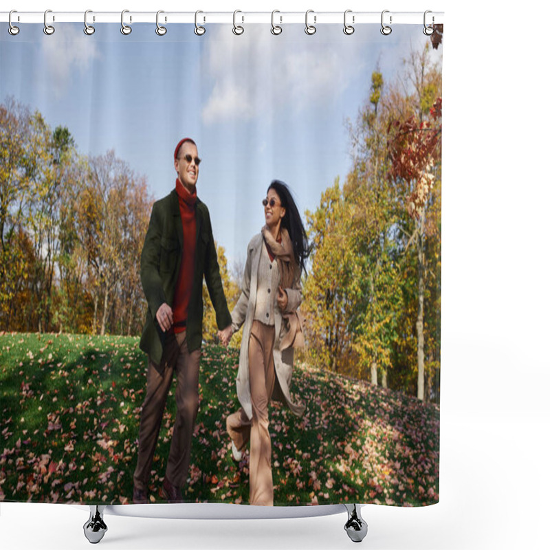 Personality  Two Loving Individuals Enjoy A Walk Amidst Falling Leaves, Clad In Cozy Autumn Attire. Shower Curtains