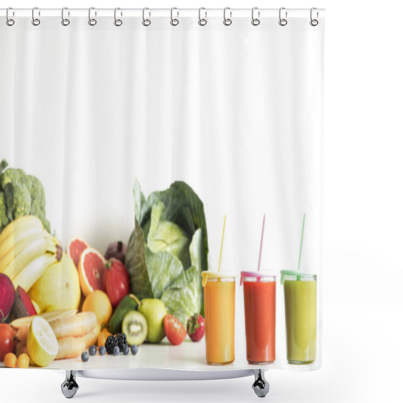 Personality  Fresh Homemade Smoothies With Fruits And Vegetables On White Background Shower Curtains