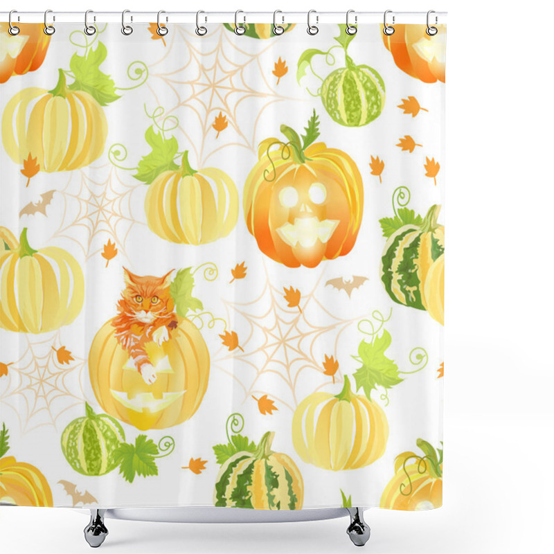 Personality  Decorative Halloween Pumpkins, Spider Webs, Cats And Bats Seamle Shower Curtains