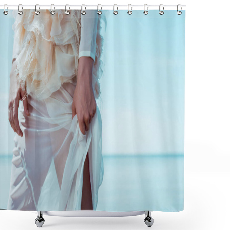 Personality  Cropped View Of Adult Woman In White Swan Costume Standing On Blue Sky Background Shower Curtains