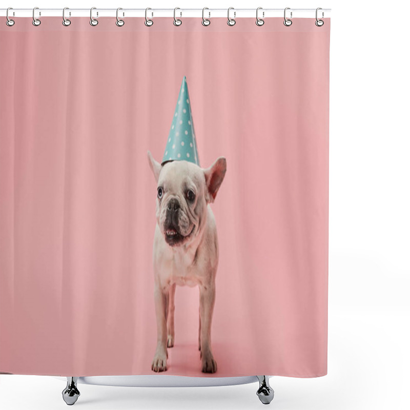 Personality  French Bulldog With Dark Nose And Blue Birthday Cap On Pink Background Shower Curtains