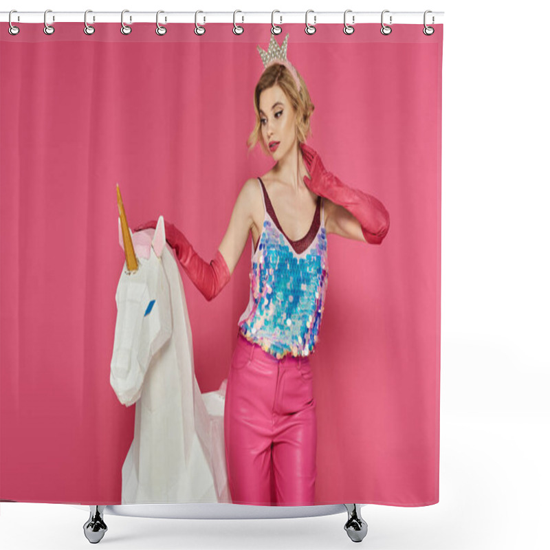 Personality  A Woman In A Sparkling Top And Pink Pants Poses With A White Unicorn Against A Pink Background. Shower Curtains