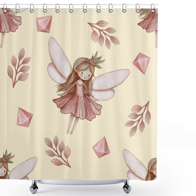 Personality  Seamless Pattern Cute Fairy And Crystal With Leaves Big Design On Pastel Yellow Background Shower Curtains