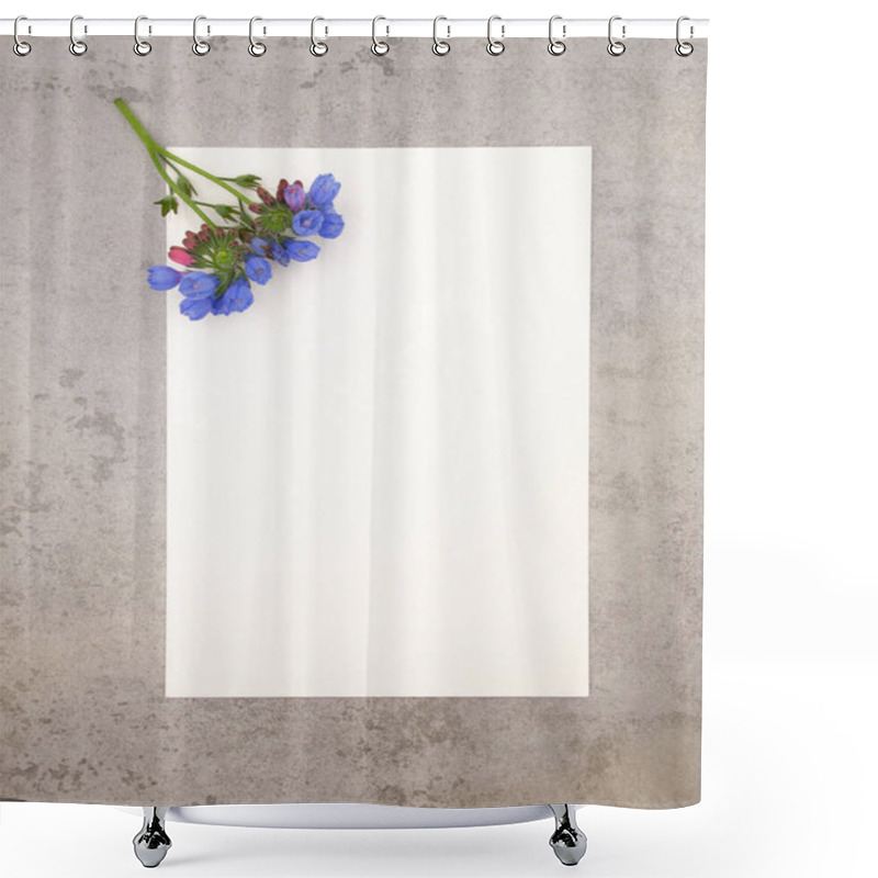 Personality  Blue Violet Tender Minimalist Spring Flower On Neutral Grey Marble Stone Background And White Paper With Free Blank Copy Space For Text. Ready Design Template For Card, Invitations, Wedding Decor. Shower Curtains