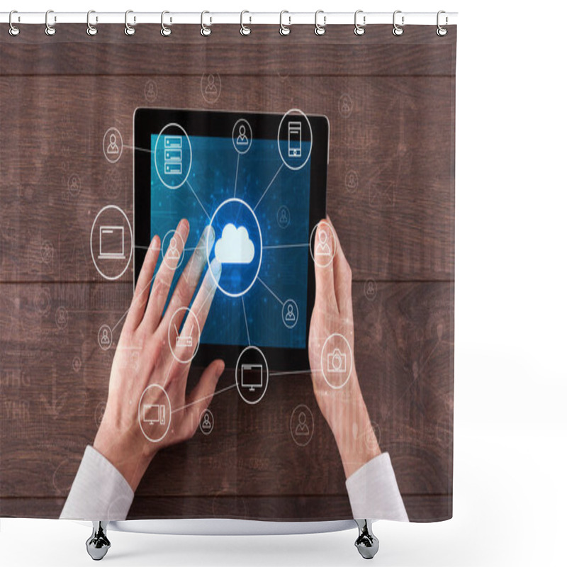 Personality  Hand Using Tablet With Centralized Cloud Computing System Concept Shower Curtains