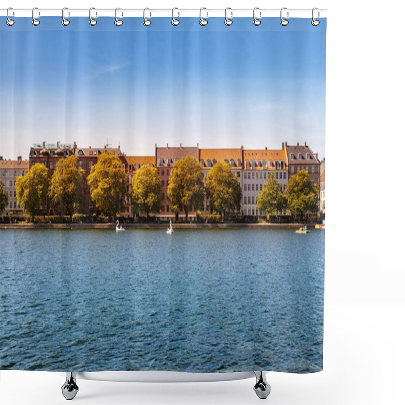 Personality  COPENHAGEN, DENMARK - MAY 6, 2018: Scenic View Of Cityscape, Trees And River Under Clear Blue Sky  Shower Curtains