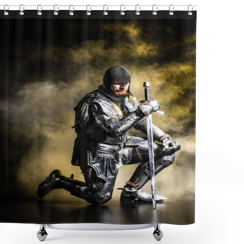 Personality  Handsome Knight In Armor Holding Sword And Bend Knee On Black Background Shower Curtains