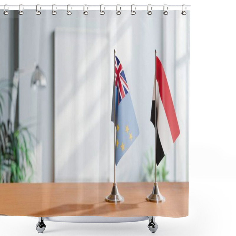 Personality  FLAGS OF TUVALU AND YEMEN ON TABLE Shower Curtains