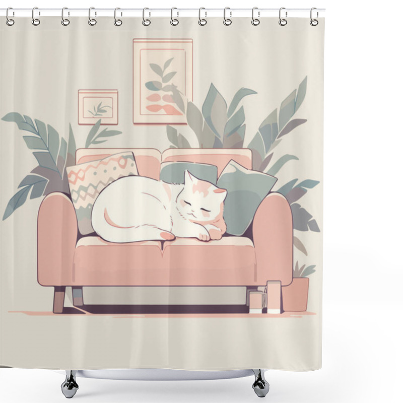 Personality  Cute Cat Having A Nap, Snugly Curled Up On A Modern Soft Couch In A Bright Apartment, Waiting For The Return Of An Owner. Simple Vector Illustration In Calm Light Color Palette Shower Curtains