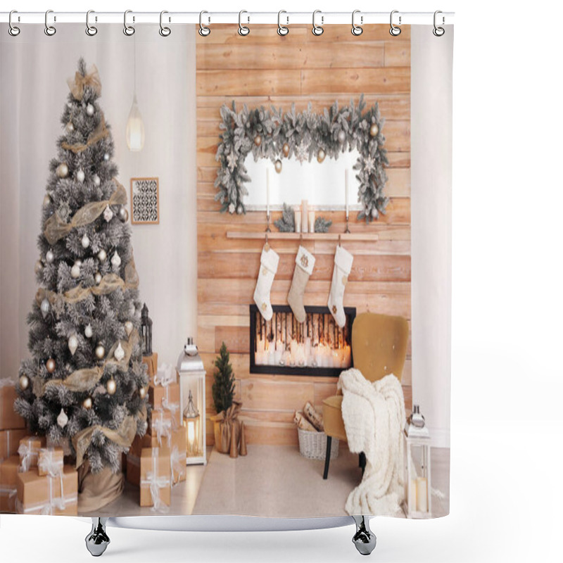 Personality  Festive Interior With Decorated Christmas Tree And Fireplace Shower Curtains