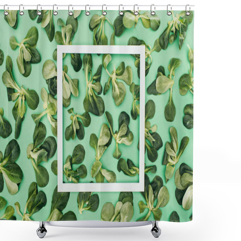 Personality  Top View Of White Square Frame And Beautiful Fresh Green Leaves On Green Shower Curtains