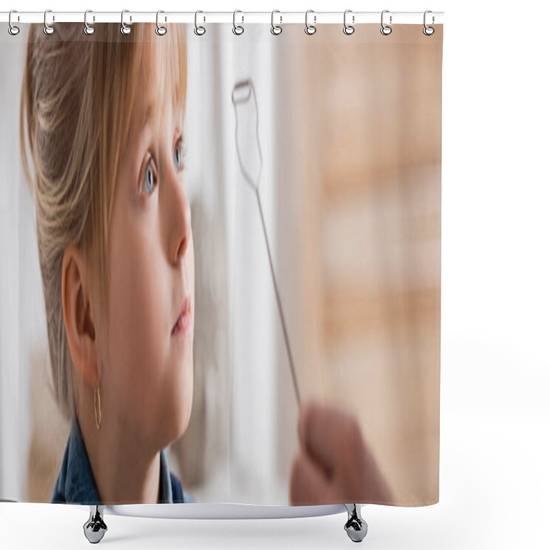 Personality  Pupil Looking Away Near Speech Therapist With Logopedic Probe In Classroom, Banner  Shower Curtains