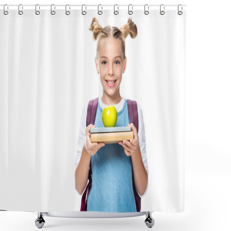 Personality  Schoolchild Holding Apple On Books Isolated On White Shower Curtains