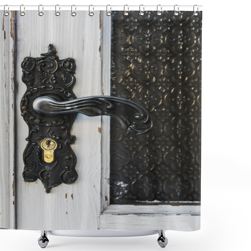 Personality  Close Up Of Ironshod Handle With Lock On White Wooden Door Shower Curtains