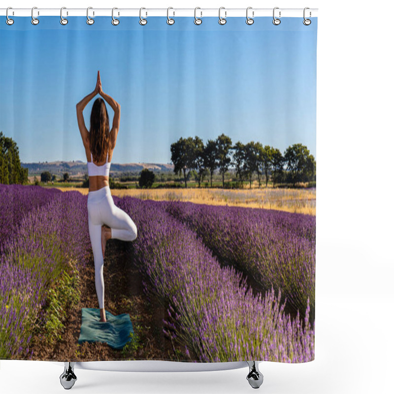 Personality  Morning Yoga Exercises In A Blooming Lavender Field. A Woman - Viewed From Behind - Doing The Tree Pose. Space For Copy Text Or Inspiring Messages On The Right Side. Shower Curtains