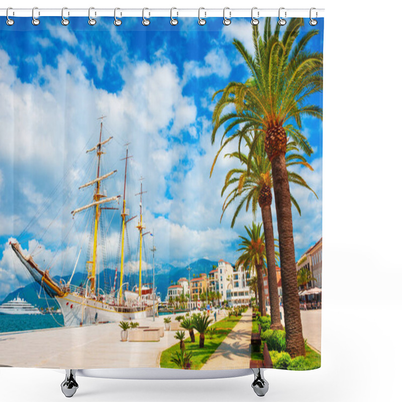 Personality  Beautiful Promenade With Palms In Sea Port Of Tivat, Montenegro. Kotor Bay, Adriatic Sea. Famous Travel Destination. Shower Curtains