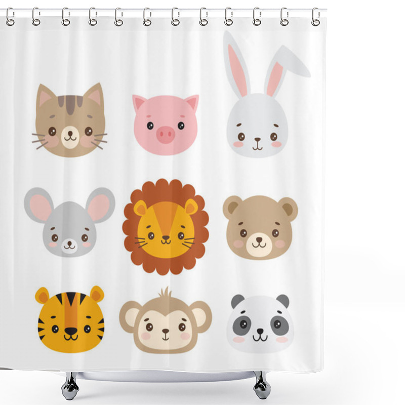 Personality  Cute Background With Cartoon Animals Faces, Vector Illustration Shower Curtains