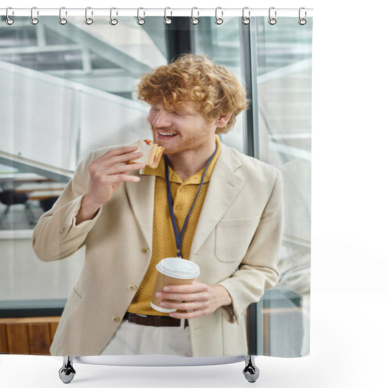 Personality  Red Haired Man In Smart Attire Enjoying His Coffee And Eating Sandwich At Lunch Break, Coworking Shower Curtains