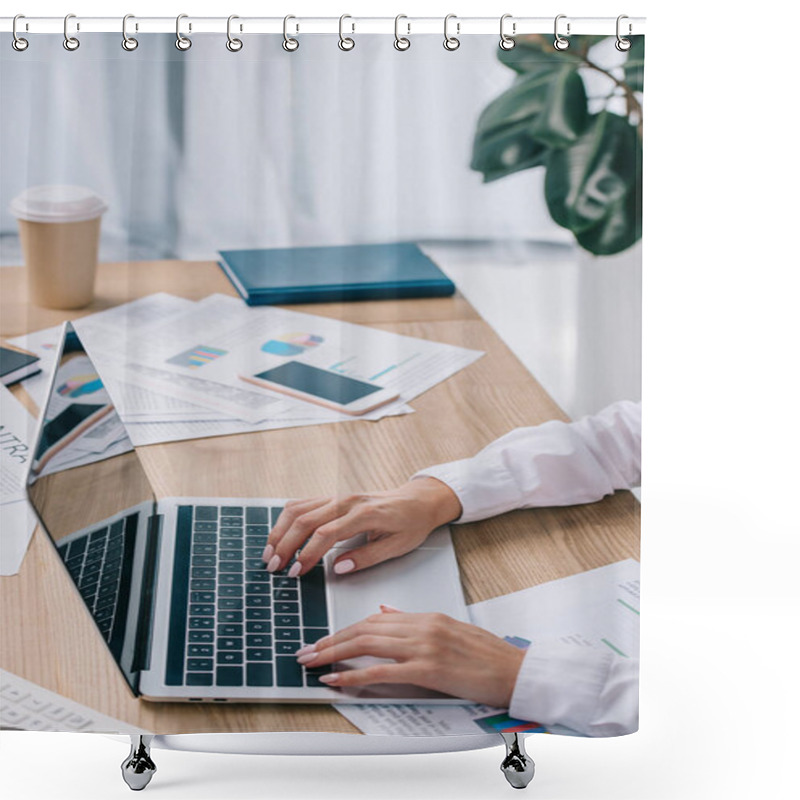 Personality  Partial View Of Businesswoman Working On Laptop With Blank Screen At Workplace In Office Shower Curtains